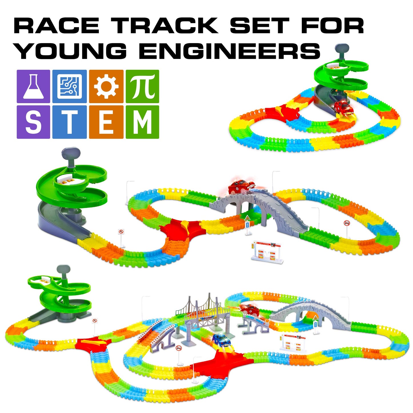 USA Toyz Glow Trax Race Track Set - 380pc Glow in The Dark, Large, Plastic, CF1302, Includes 2 LED Cars, 2 Bridges, STEM Toys for Kids