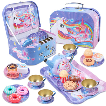 27Pcs Kids Tea Party Set for Little Girls Unicorn Gift Pretend Toy Tin Tea Set & Carrying Case & Food Sweet Treats Playset, Prin