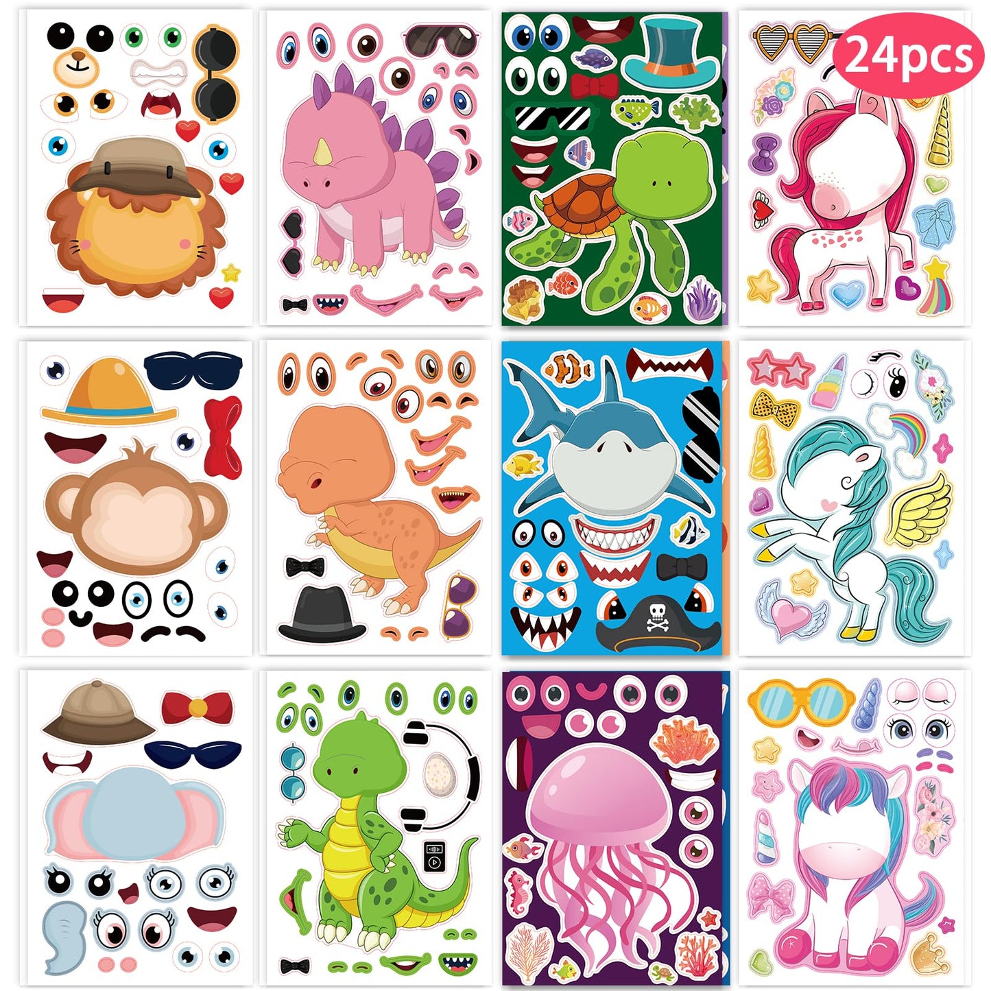 24 Pcs Make Your Own Sticker Sheets For Kids, Mix And Match Animal Face Stickers For Kids 3-5, 4-8, Toddlers Crafts Activities G