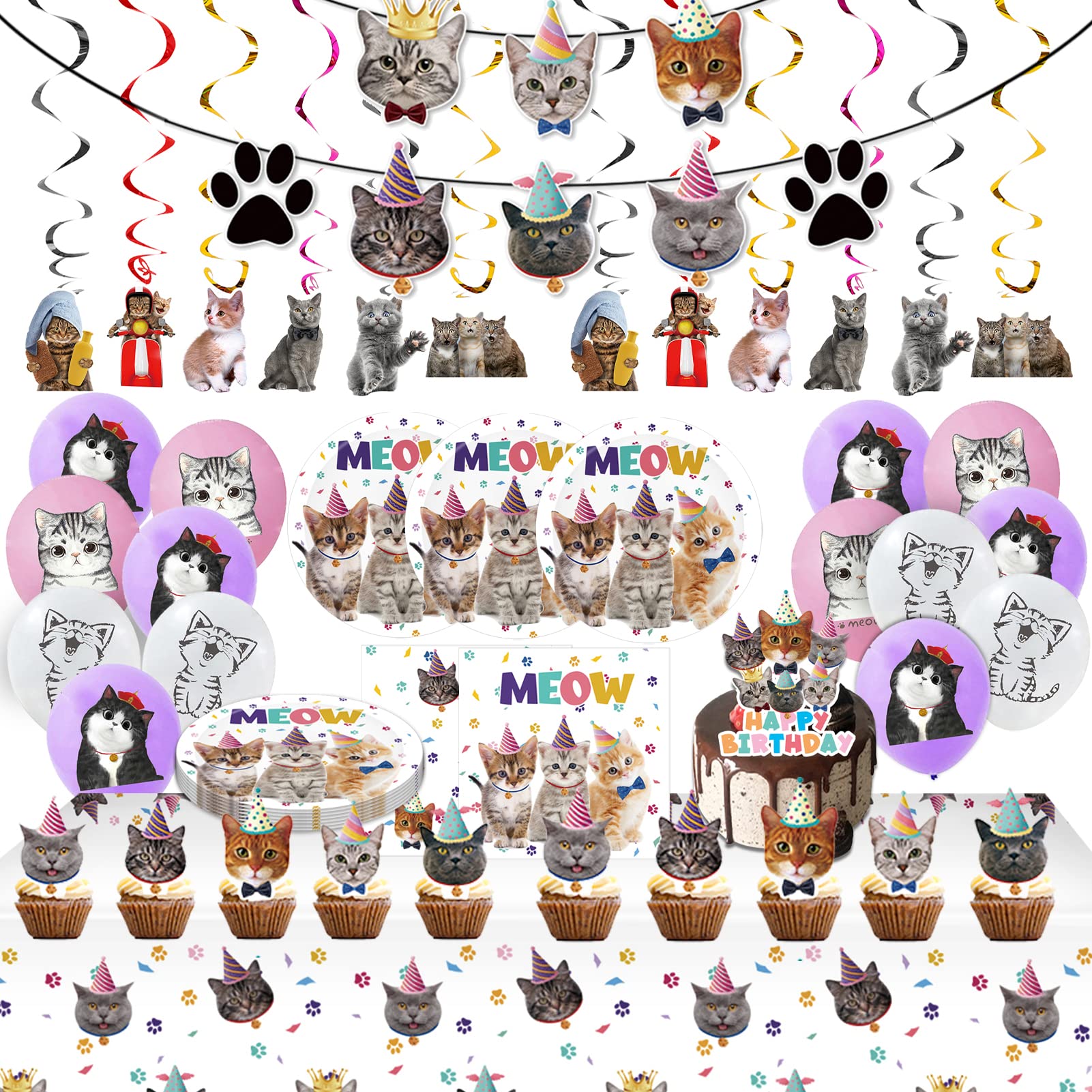 Juhap 96Pcs Cat Birthday Party Supplies, Kitten Birthday Decorations Includes Plates, Napkins, Table Covers, Cake Toppers, Ballo