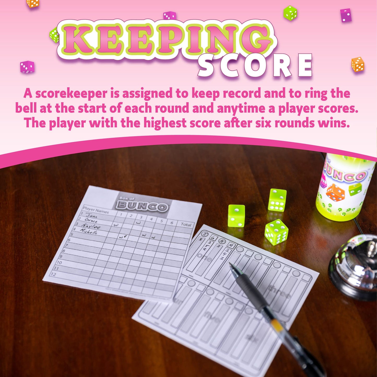 Continuum Games Retro Bunco Game Kit Party Box For Ladies Night 2-12 Players 3 Sets Of Bunco Dice, Bell, And Score Pad For Game Night