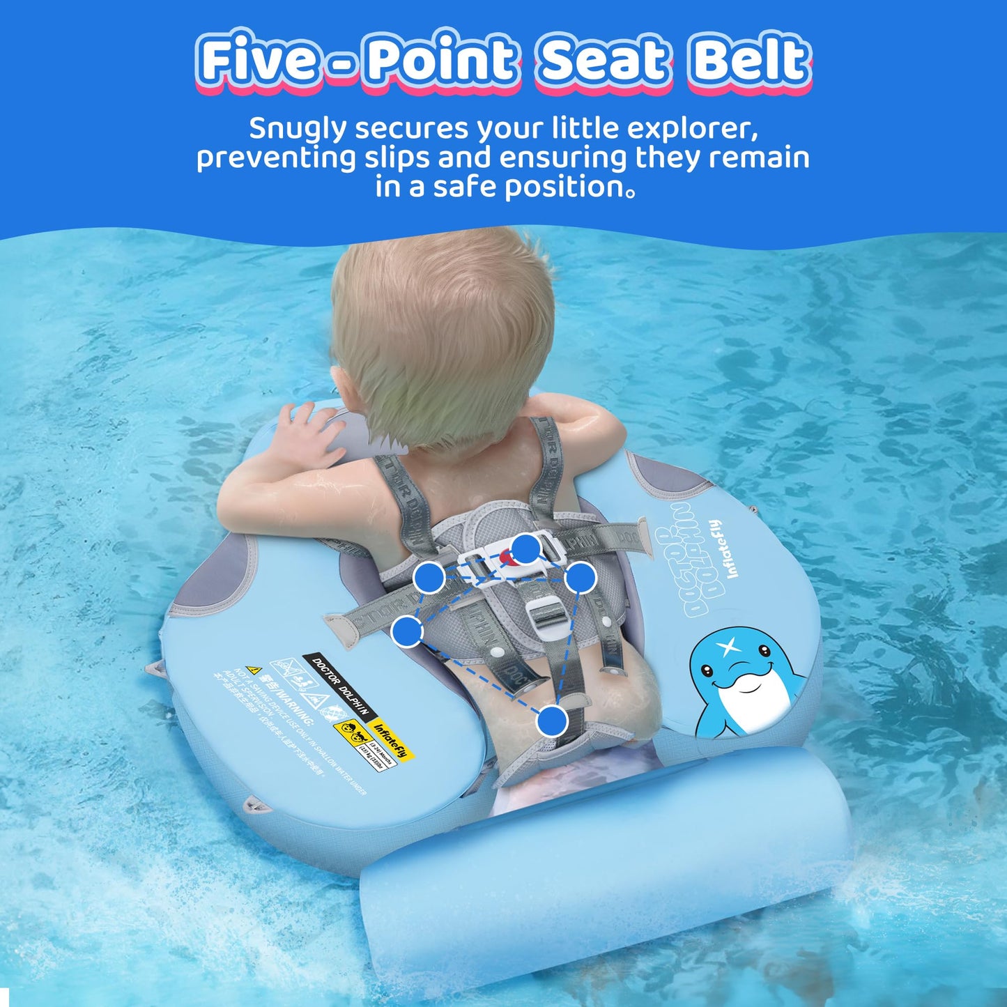 Inflatefly Baby Swim Float With Protection Sunshade Infant Pool Float Add Tail For 3-24 Months (Blue)