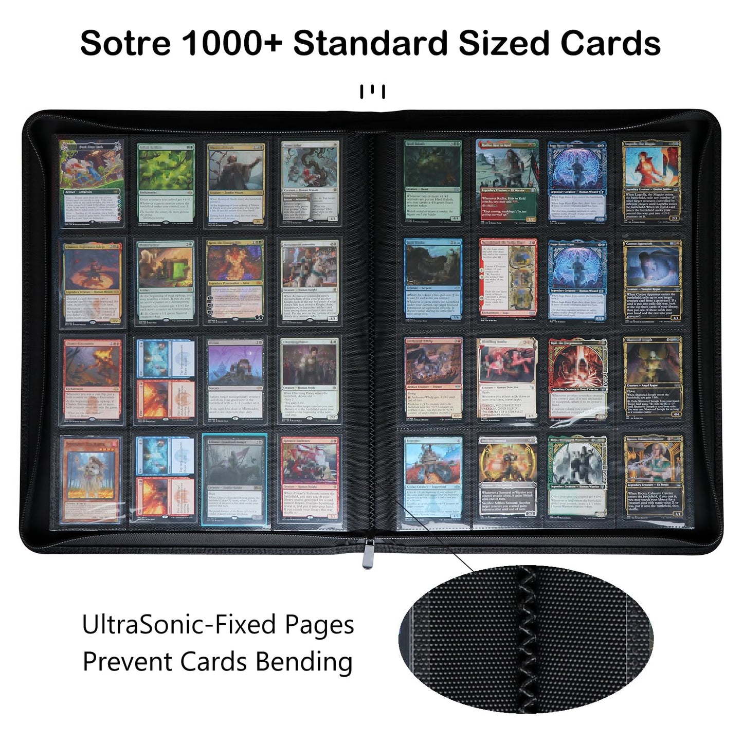 Rayvol enhanced 1000+ Pockets Card Binder  16-Pocket Ringless Trading Card Album Folder - Side Loading UltraSonic-161024 Tech Zip Binder for TCG -Black