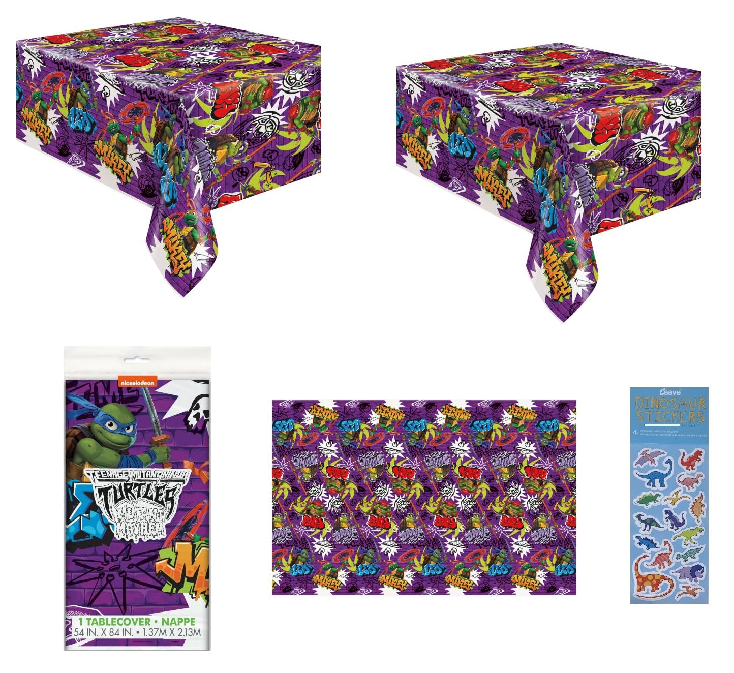 Unique TMNT Teenage Mutant Ninja Turtles Birthday Party Supplies Bundle Pack Includes 2 Plastic Table Covers and 1 Dinosaur Stic