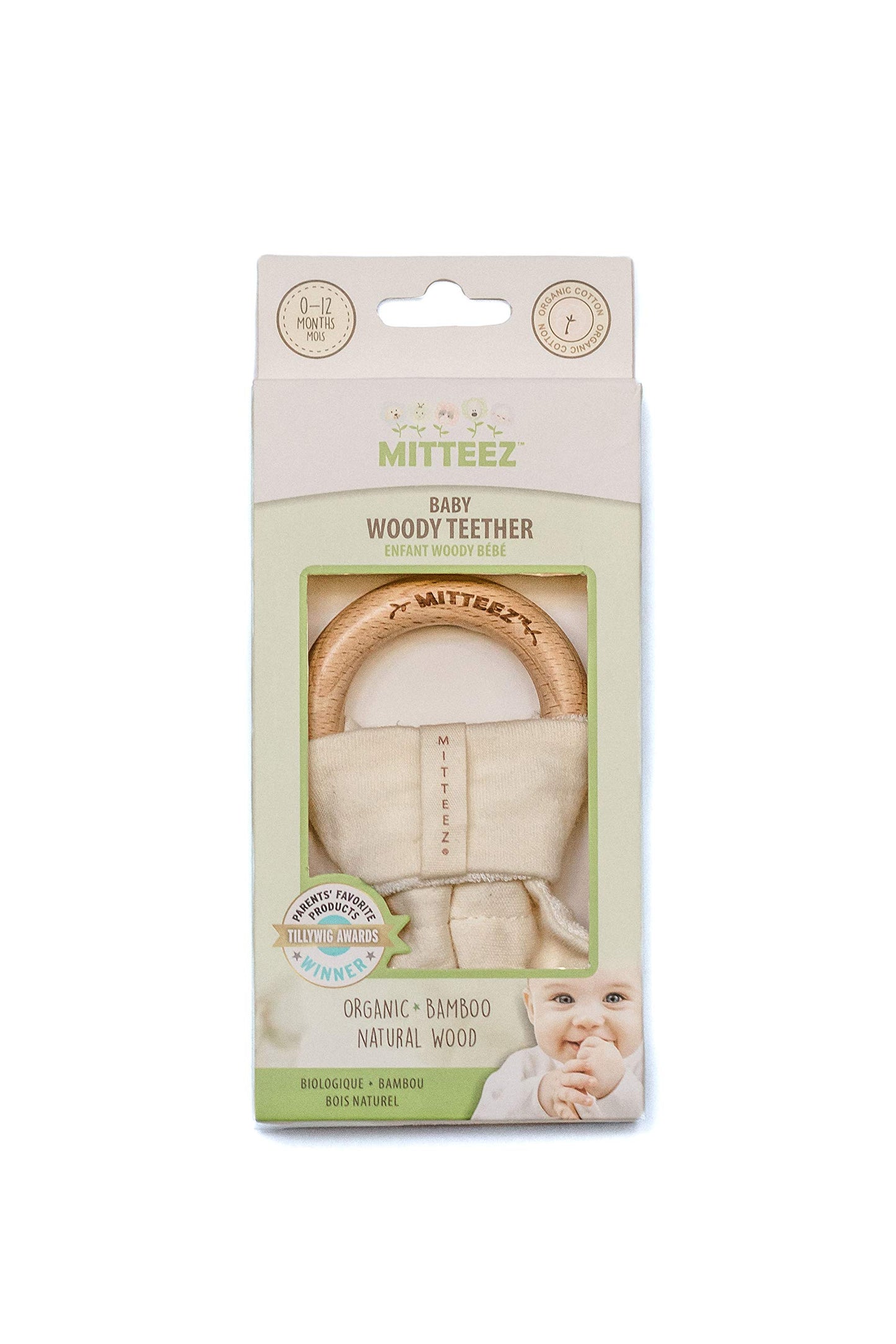 MITTEEZ Wood Baby Organic Wooden Teether - Natural, 1 Count, Model WTNT, Includes Absorbent Cloth