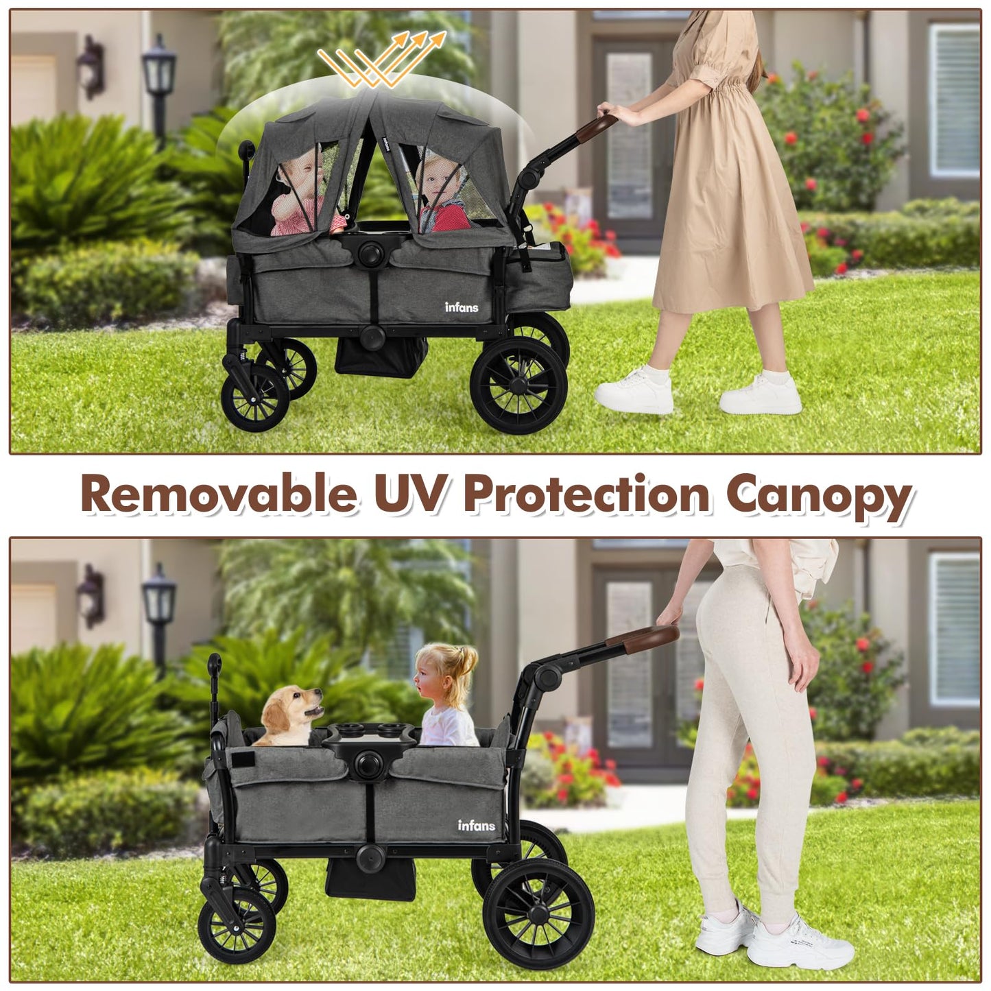 INFANS Wagon Stroller for 2 Kids, Collapsible Adjustable Push Pull Handle Bar, 2 Seater Stroller Wagon with Removable Canopy Sna