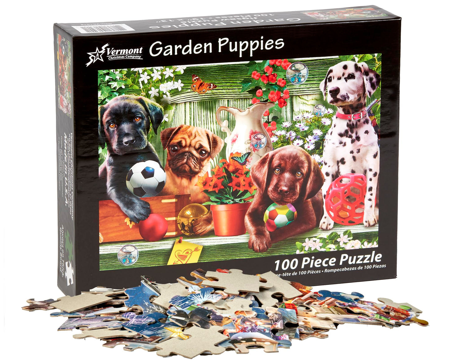 Garden Puppies Jigsaw Puzzle 100 Piece By Vermont Christmas Company - Large, Interlocking Pieces - Unique, Randomly Shaped Pieces - Perfect For Kids And Seniors