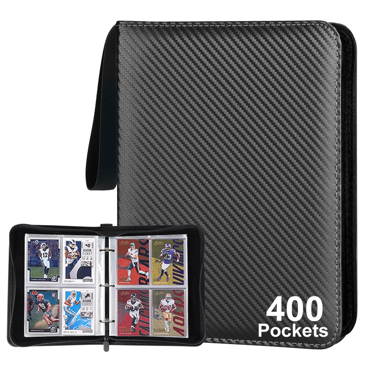 Trading Card Binder 4-Pockets, Trading Card Album Can Hold 400 Cards With 50 Removable Sleeves, 3-Ring Zipper Trading Card Holde