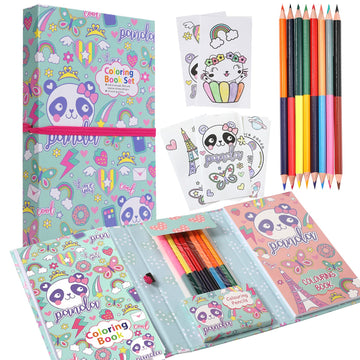 Panda Coloring Book Set With Coloring Pages & Colored Pencils, Art Supplies For Kids Ages 4-6-8, Arts Crafts Travel Coloring Kit For Girls 4 5 6 7 8 Year Old Birthday Gift
