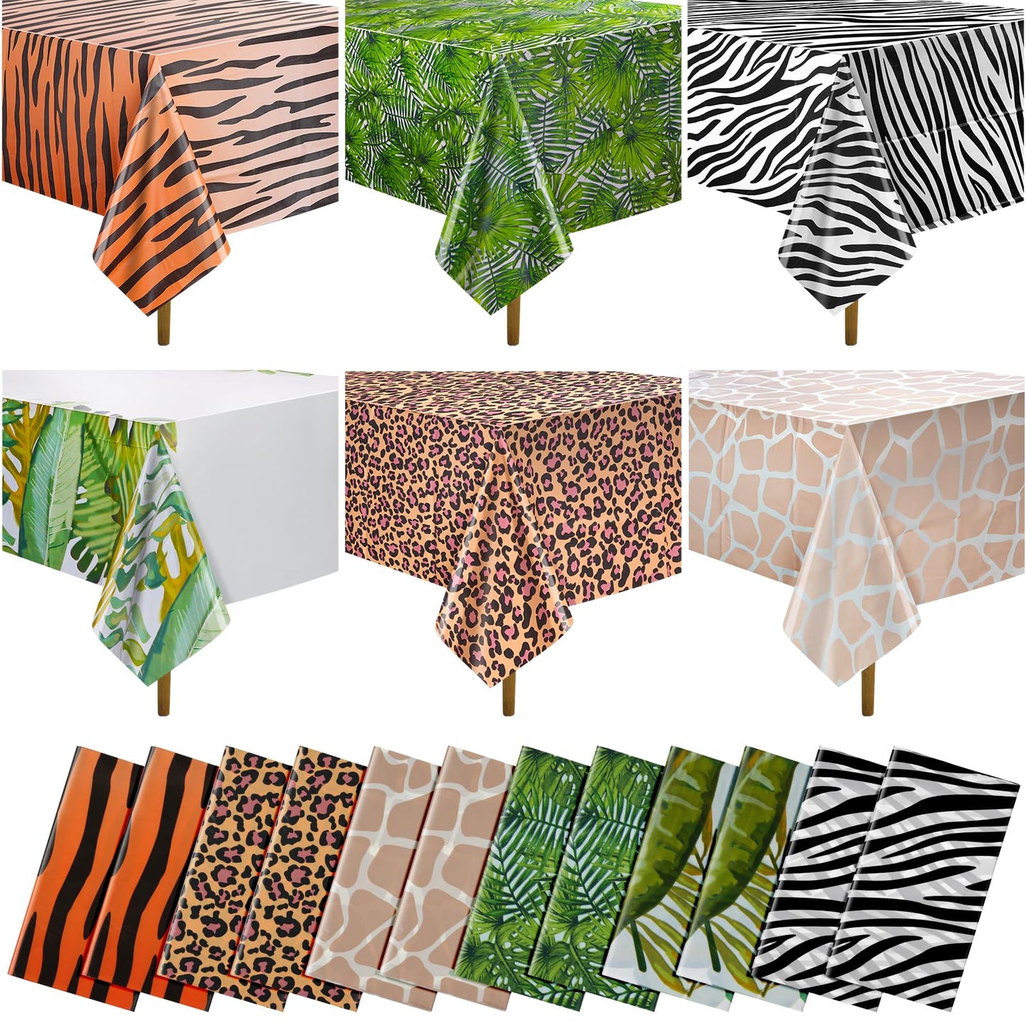 12Pack Animal Safari Tablecloth Jungle Animal Zoo Theme Party Table Cloth Leopard Tiger Zebra Giraffe Palm Leaf Print Table Cove