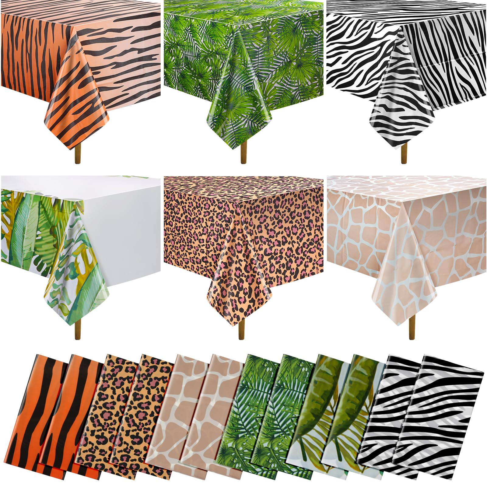 12Pack Animal Safari Tablecloth Jungle Animal Zoo Theme Party Table Cloth Leopard Tiger Zebra Giraffe Palm Leaf Print Table Cove