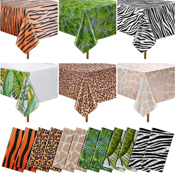12Pack Animal Safari Tablecloth Jungle Animal Zoo Theme Party Table Cloth Leopard Tiger Zebra Giraffe Palm Leaf Print Table Cove