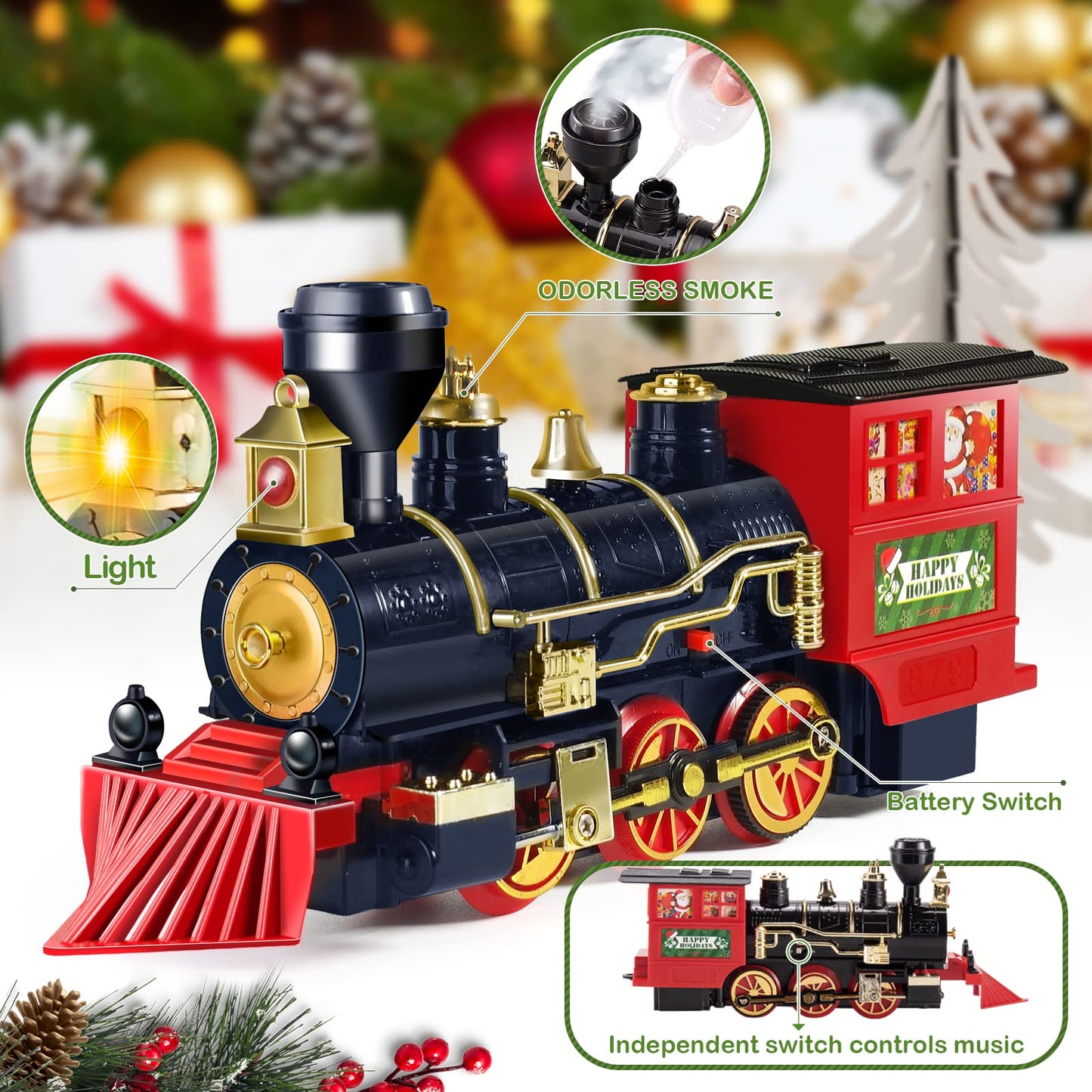 Shemira Christmas Train Set, Train Toys For Boys Girls,Toy Train With Light Smoke And Sound,Steam Train Set For Around Christmas