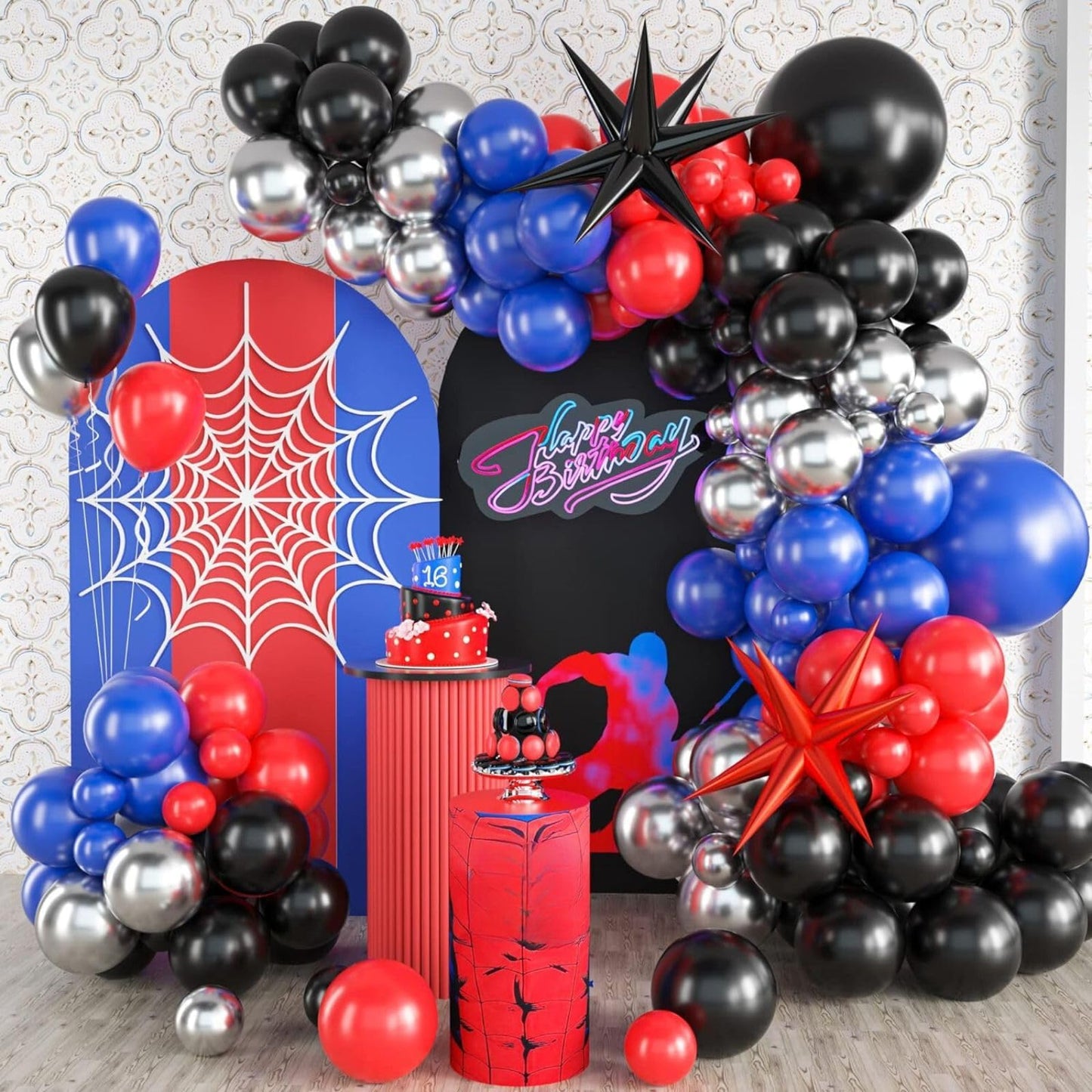FunHot Spider Balloon Arch Kit - Red Blue Black Balloons for Boys Birthday & Baby Shower Party Decorations, Model B188-29E