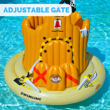 Swimline Giant Inflatable Pirate Castle Pool Float For Kids And Adults Size| Floating Kingdom Raft Lounger Combo With Gate Shield Windows & Accessories For Pools Lakes Beach | Fits Up To 4 People