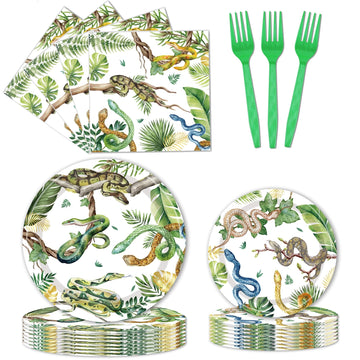 Reptile Snake Birthday Party Decorations - 96 PCS Snake Plates and Napkins Party Supplies Jungle Wildlife Wilderness Reptile Sna