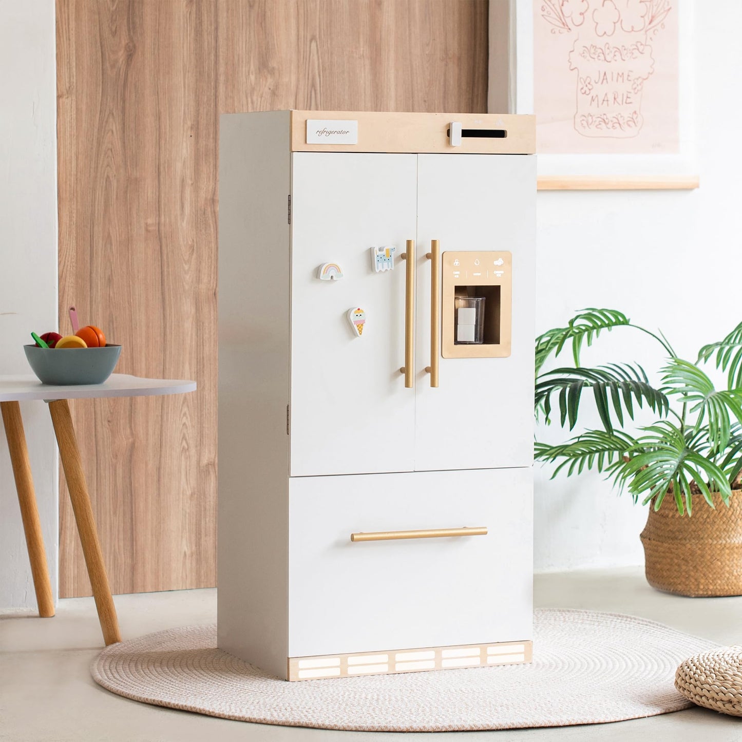 Wooden Play Kitchen Fridge - Interactive Ice Maker, Double Door Storage & Creative Fridge Magnets, Pretend Play Refrigerator For