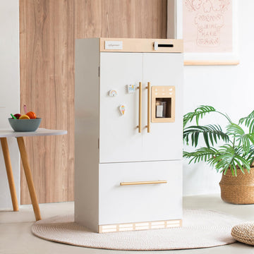 Wooden Play Kitchen Fridge - Interactive Ice Maker, Double Door Storage & Creative Fridge Magnets, Pretend Play Refrigerator For