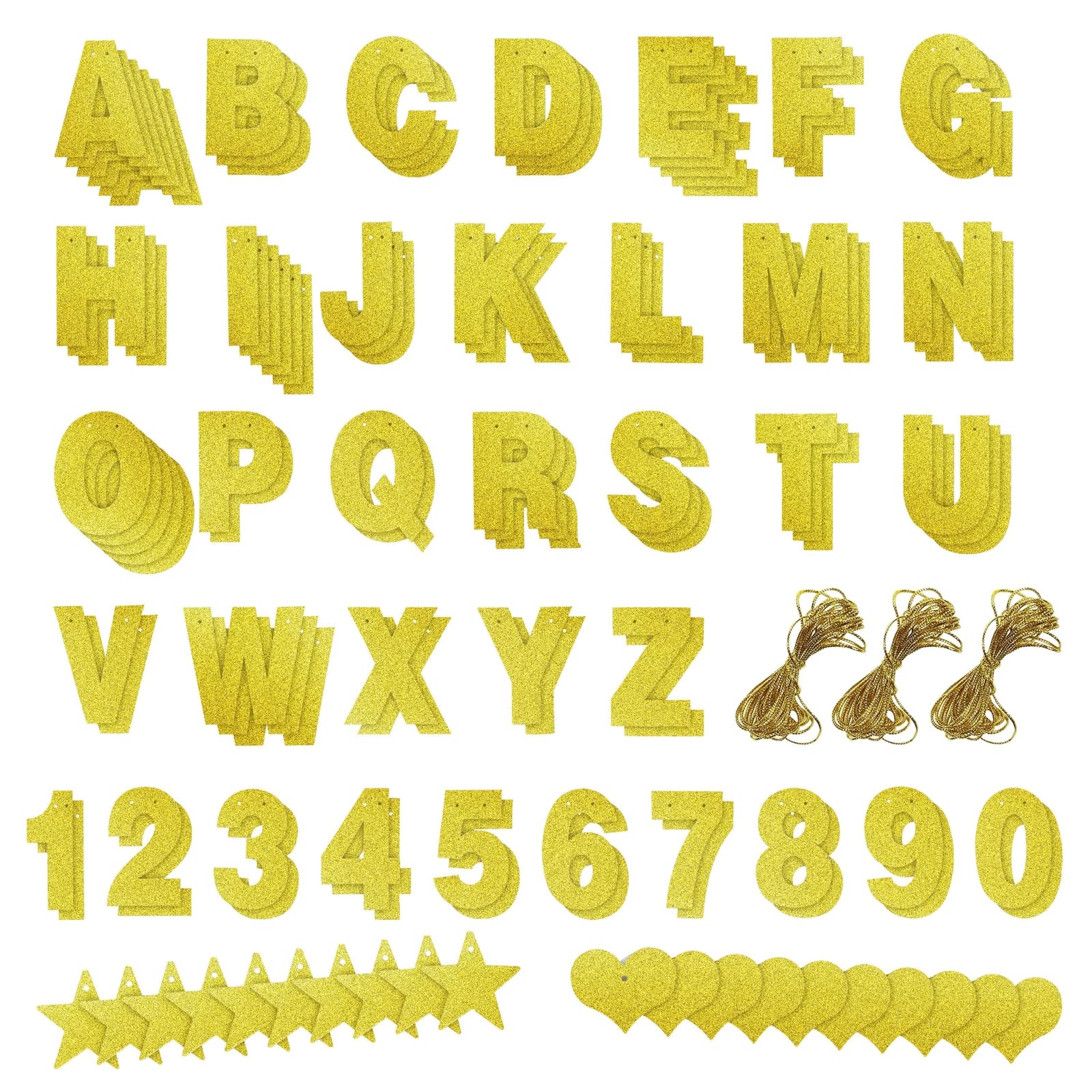 BLUE PANDA 126-Piece DIY Gold Glitter Banner Kit - Letters A-Z, Numbers 0-9, Hearts, Stars, 3 Strings for Party, Birthday Decora