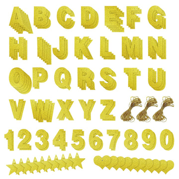 BLUE PANDA 126-Piece DIY Gold Glitter Banner Kit - Letters A-Z, Numbers 0-9, Hearts, Stars, 3 Strings for Party, Birthday Decora