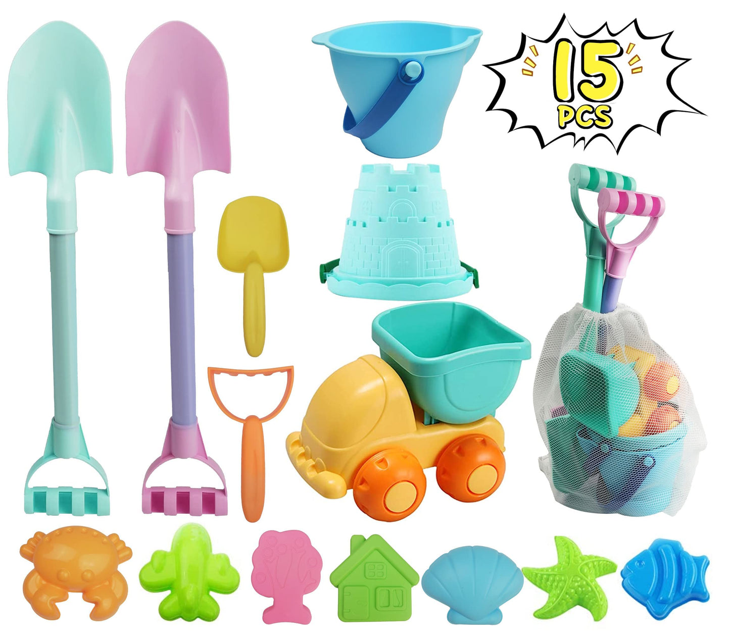 Iokuki Long Shovels Sand Toys Set With Mesh Bag Including Dump Truck, Beach Buckets, Shovels, Rakes, Molds, Outdoor Beach Toys T