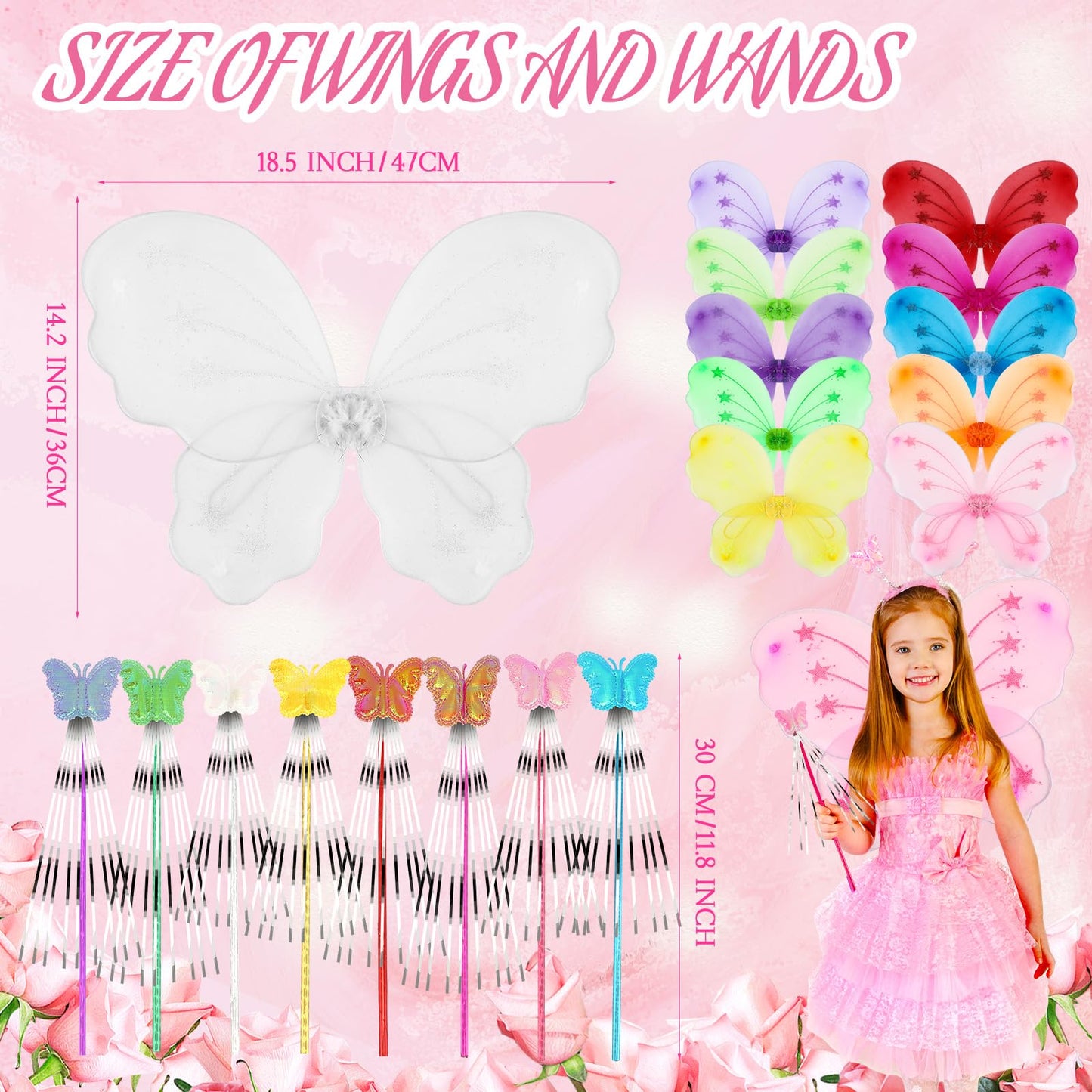 Chivao 15 Set Princess Fairy Wings Set 15 Pcs Butterfly Wings For Girls Butterfly Angel Wings 15 Pcs Fairy Wands Butterfly Costume For Girls Kids Christmas Dress Up Role Play (Colorful)