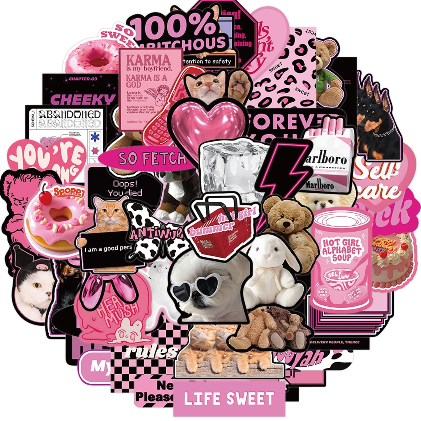 Cool But Cute Y2K Stickers (55 Pieces) - Kawaii, Black & Pink Themed, Waterproof | Stickers For Kids, Girls, Teens, Laptop, Wate