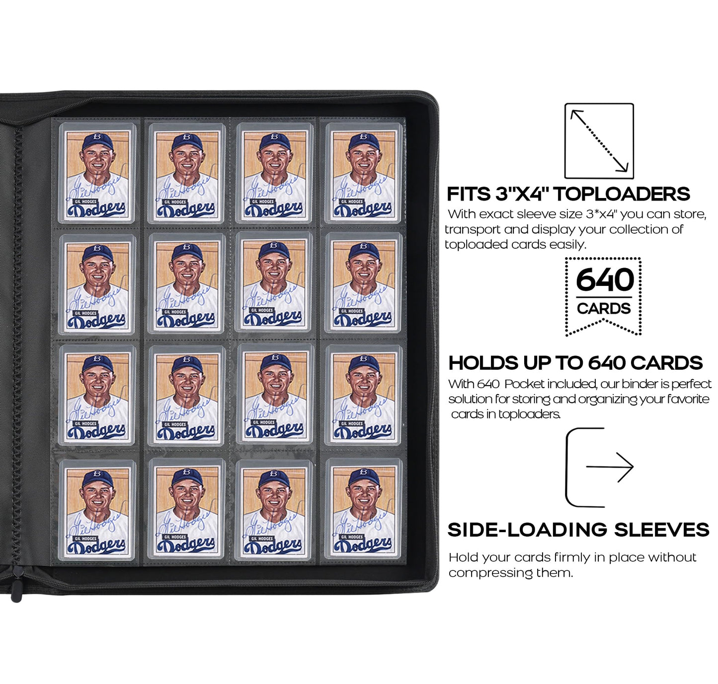 D DACCKIT Toploader Binder  Holds 640 Toploaders - 16-Pocket Top Loader Binder for 3 x 4 Rigid Card Holders for Trading Cards or Sports Cards(Model A Classic Black)