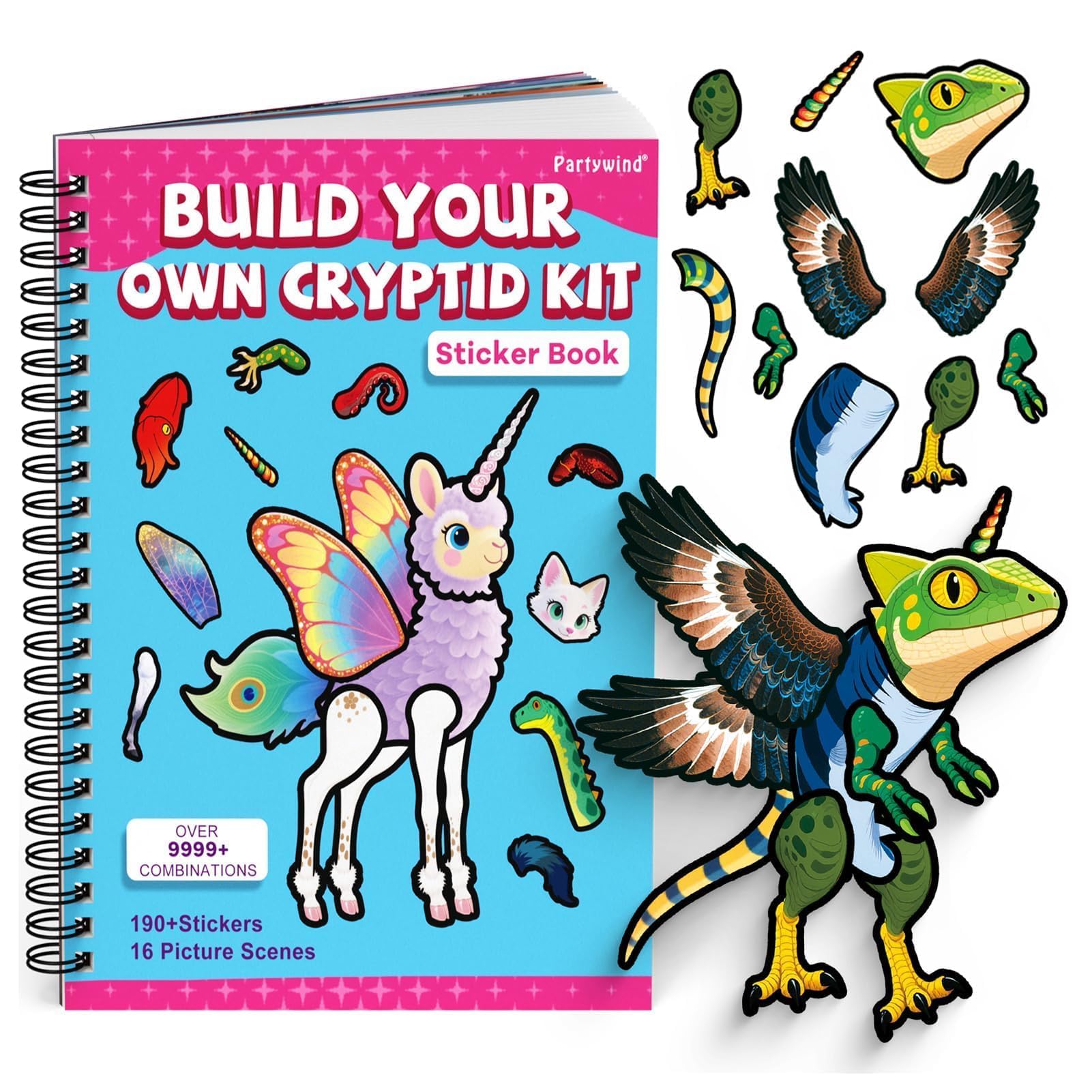 PARTYWIND Sticker Book for Toddlers, Cryptid Animals Sticker Book with 16 Scenes + 11 Sheet Stickers for Boy & Girl, Airplane Tr