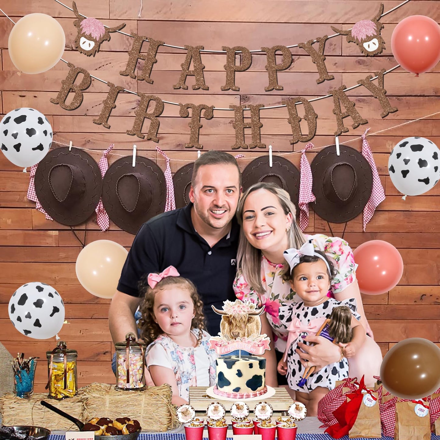 JOYMEMO Boho Highland Cow Birthday Decorations, Pink Beige Latex Balloons & Backdrop, Floral Farm Theme Party Supplies