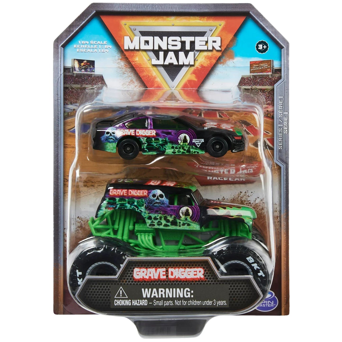 Monster Jam 1:64 Scale Diecast 2-Pack - Grave Digger Monster Truck & Race Car - Various Colors