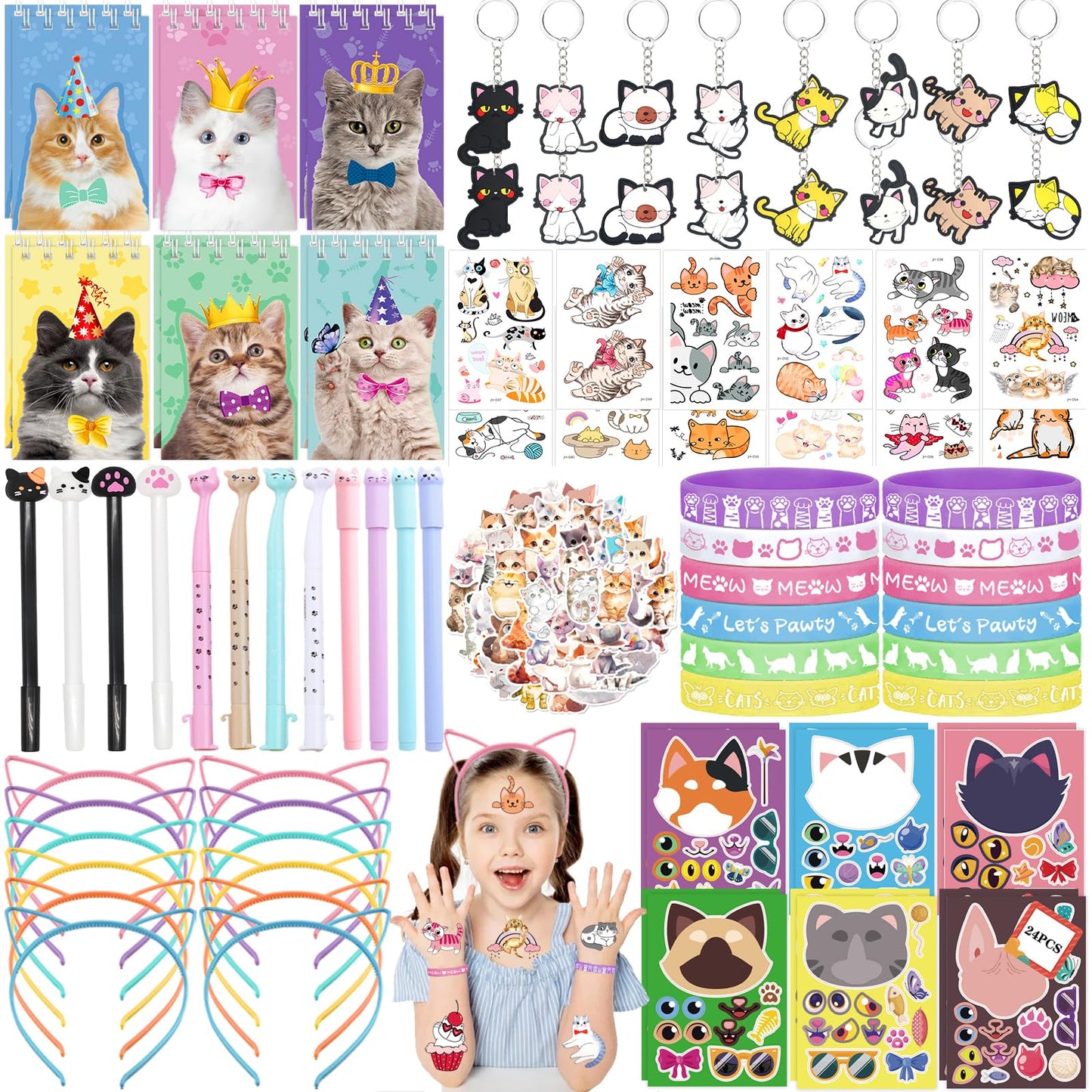 134Pcs Cat Party Favors Set for Kids Cat Themed Birthday Party Supplies With Cat Headband Spiral Notepads Pens Keychains Tattoo 