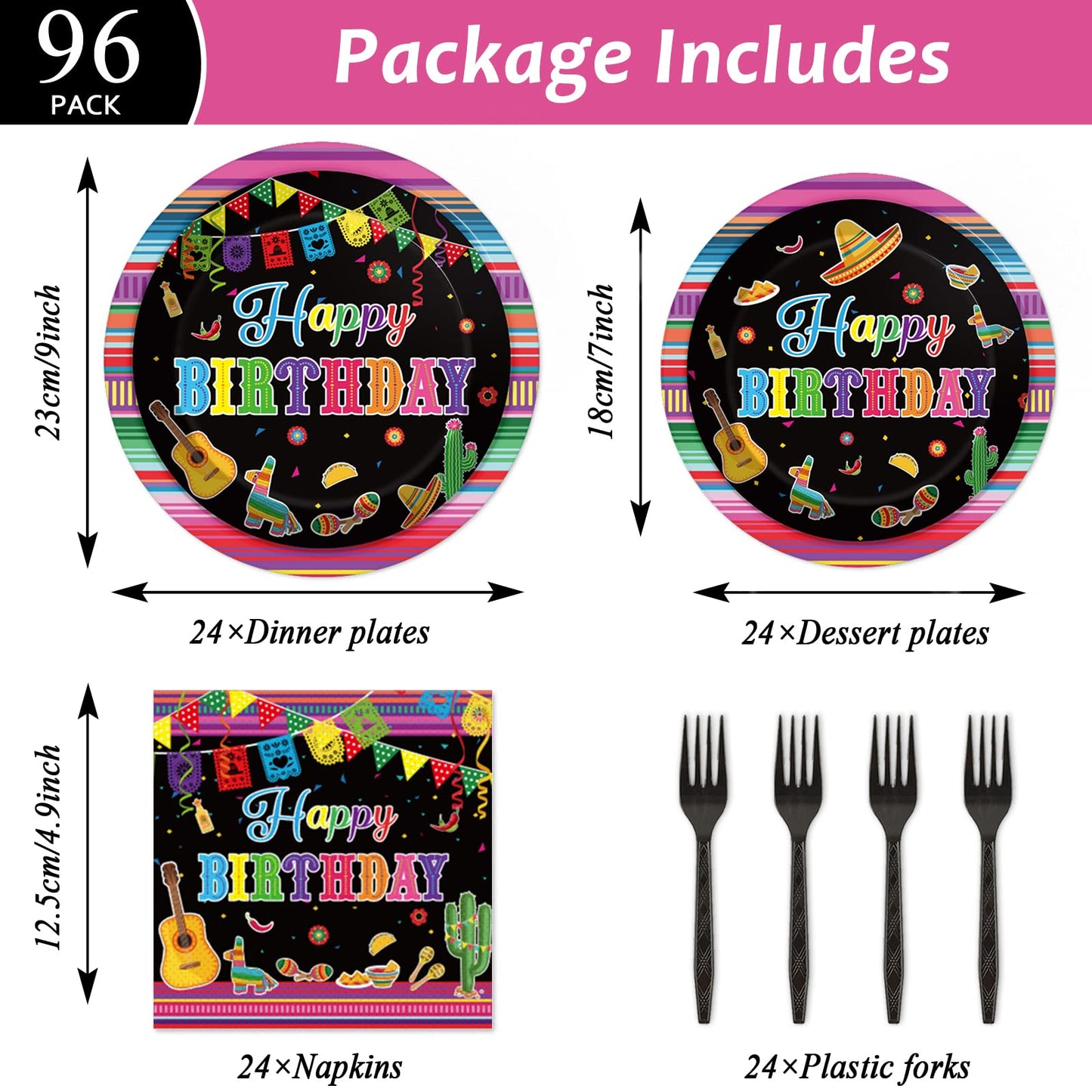 Tevxj 96Pcs Mexican Fiesta Happy Birthday Tableware Set Mexico Dinnerware Disposable Dessert Plates Fiesta Party Plates Napkins Forks For Happy Birthday Party Decorations Supplies 24 Guests
