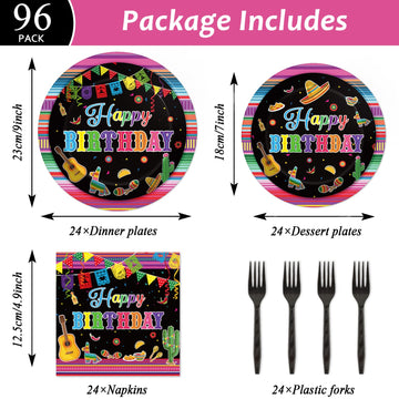 Tevxj 96Pcs Mexican Fiesta Happy Birthday Tableware Set Mexico Dinnerware Disposable Dessert Plates Fiesta Party Plates Napkins Forks For Happy Birthday Party Decorations Supplies 24 Guests