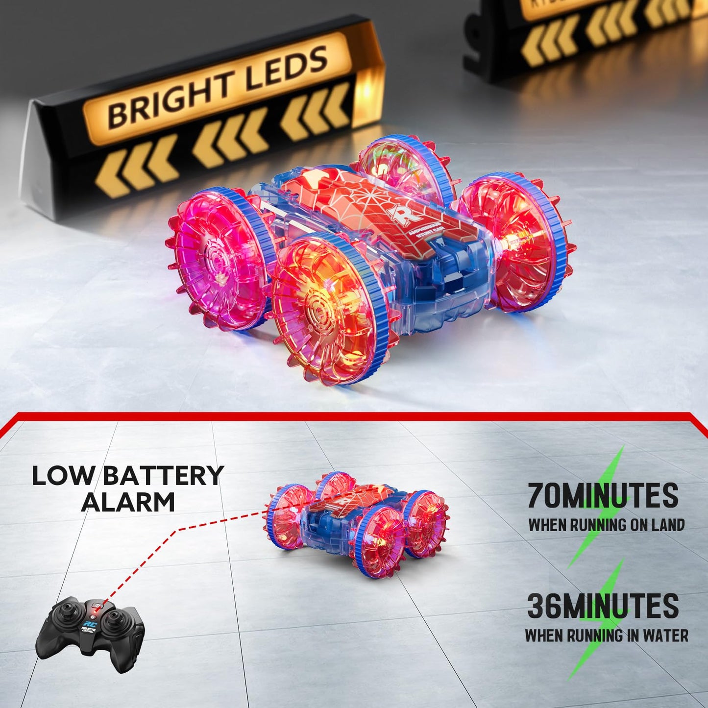 Waterproof RC Cars for Kids with LED Lights, Remote Control Car for Boys Age 4-7 8-12 4-8, Amphibious 4WD Stunt Car Swimming Poo