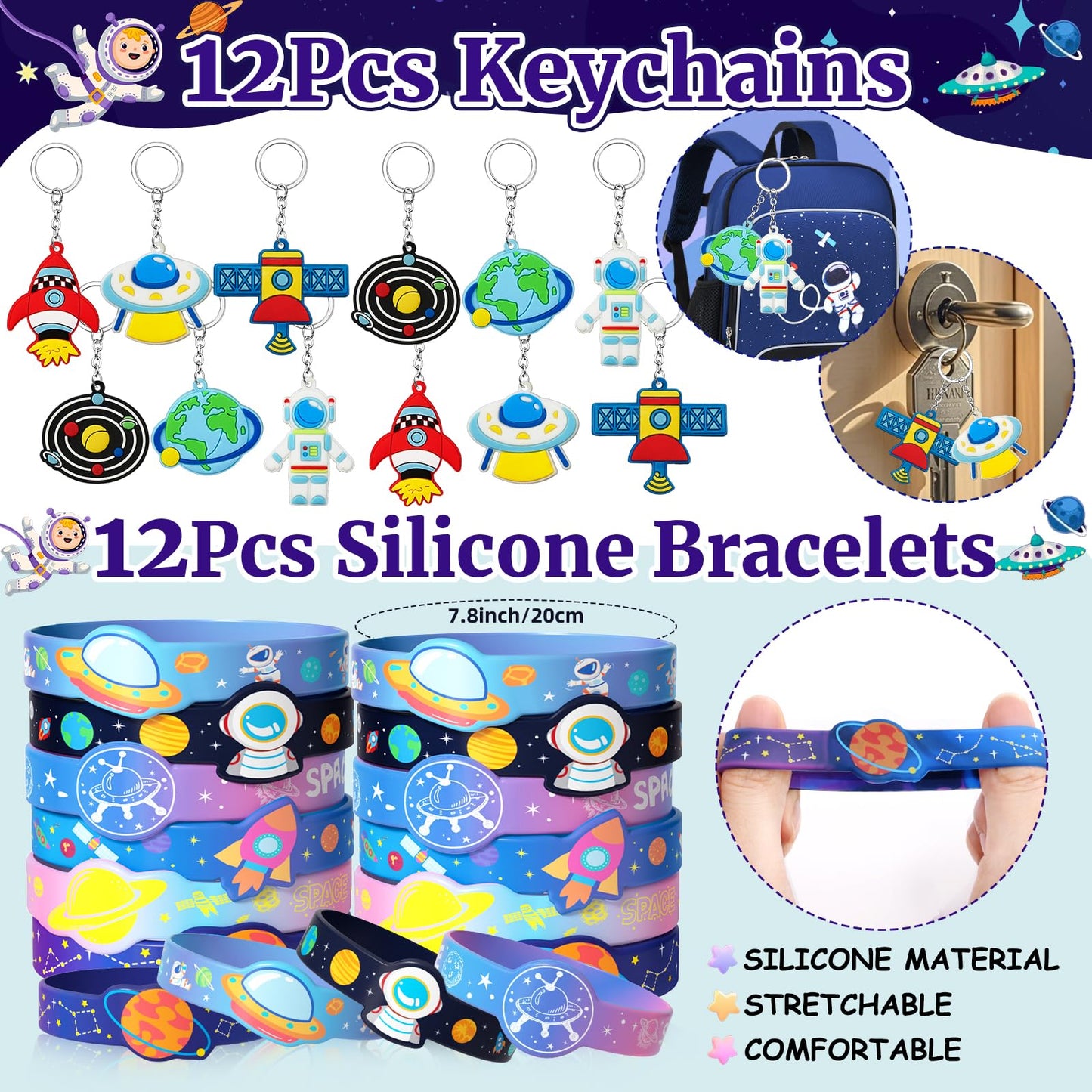 SNLN Outer Space Party Favors Birthday Supplies Non-Woven Gift Bag Stress Ball Spaceship Toy Astronaut Eraser Silicone Bracelet