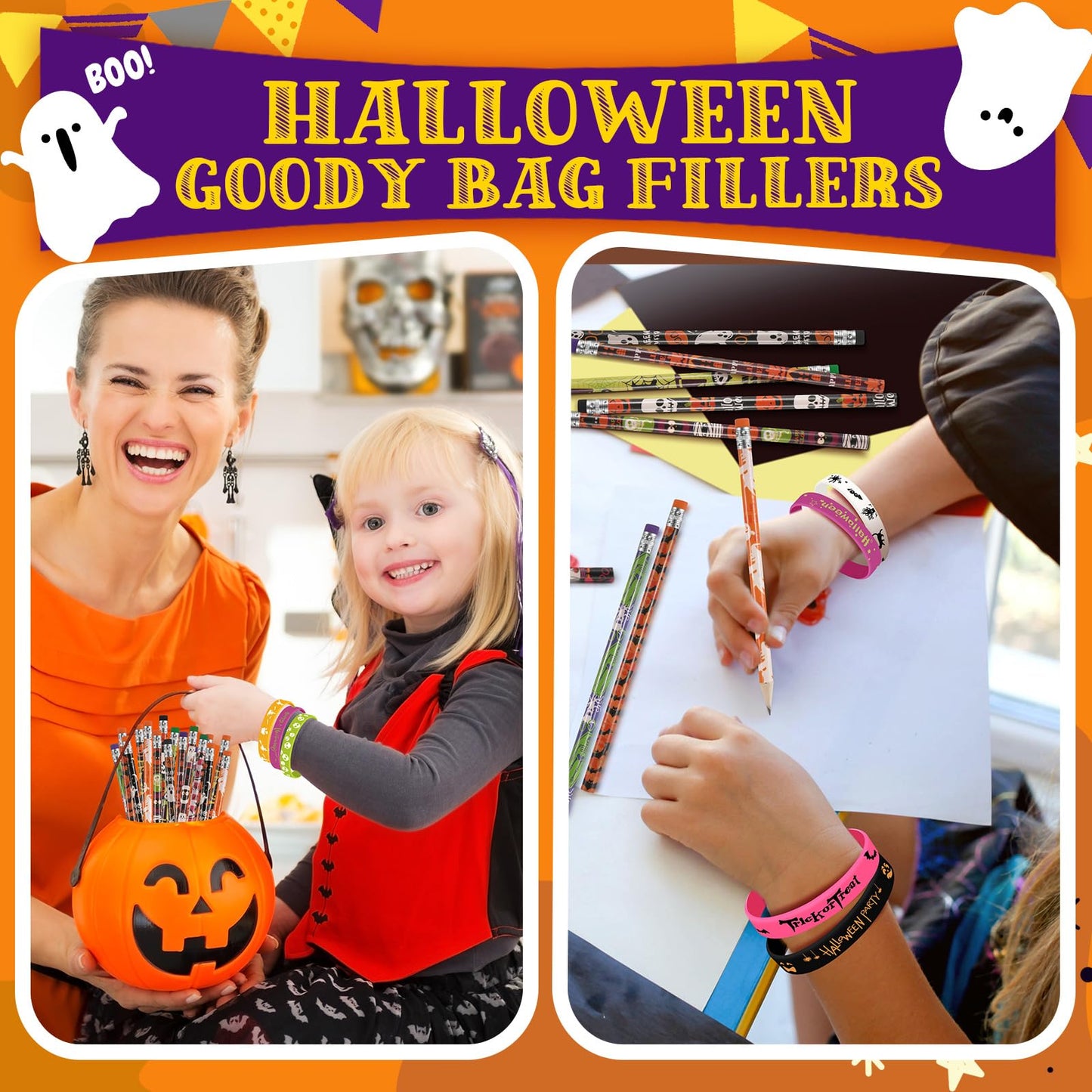 48 Pcs Halloween Pencils Halloween Rubber Bracelets Set Halloween Party Favors for Kids Ghost Pumpkin Skeleton Bat Spider Pencil