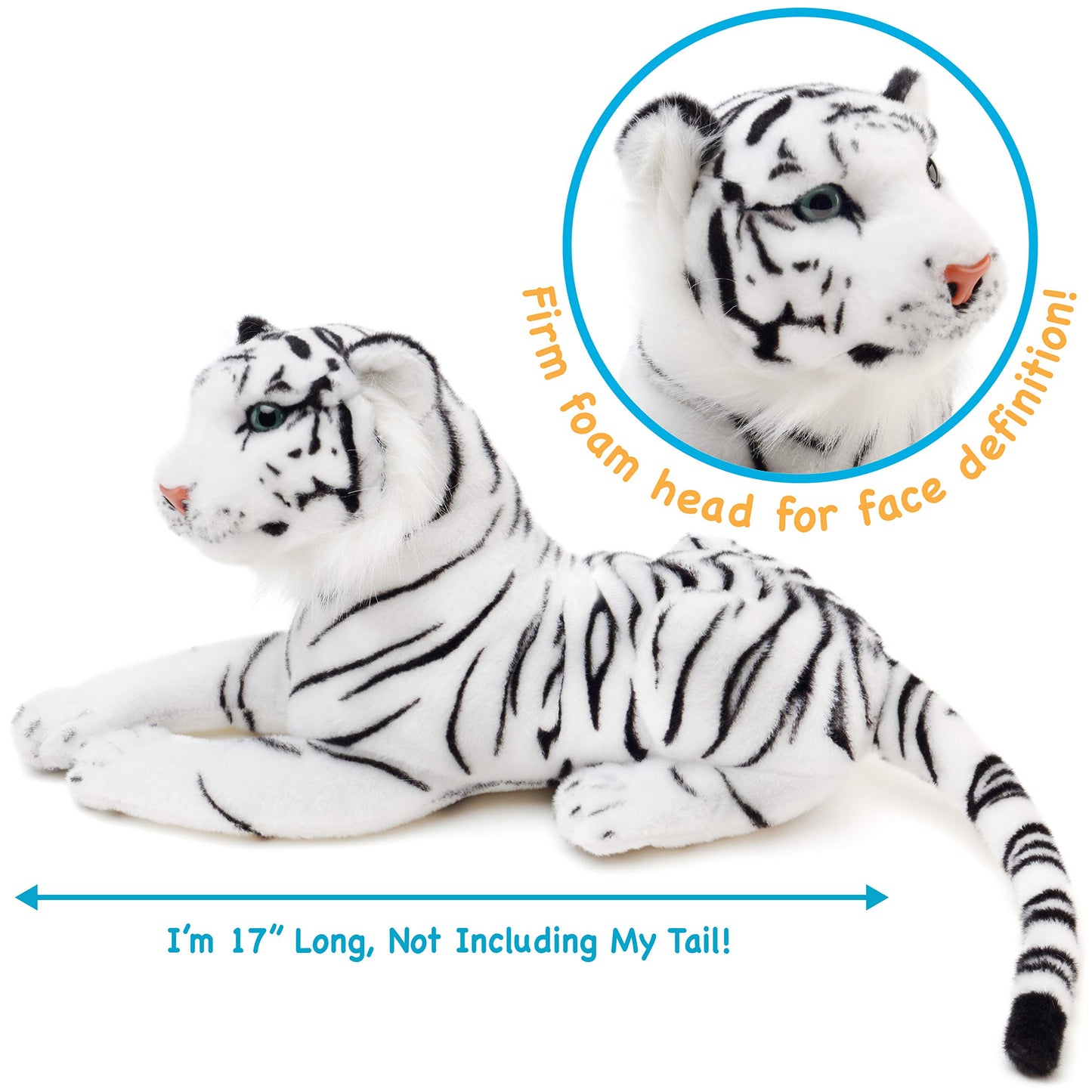TigerHart 17 Inch White Tiger Stuffed Animal Plush - Multicolor Foam Skull