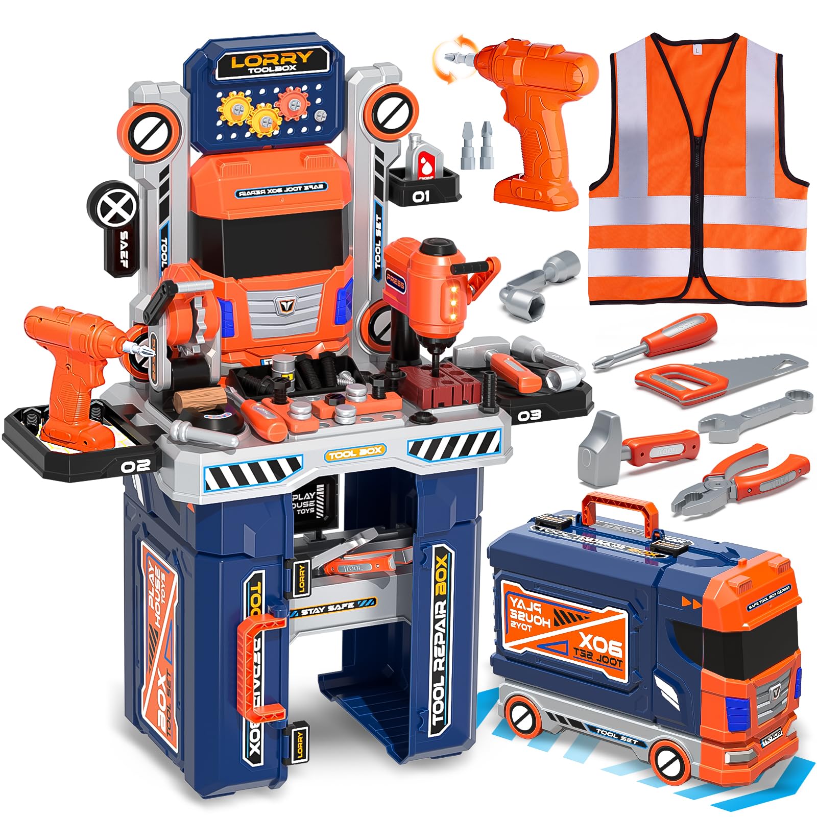 Kids Tool Bench Set with Electric Drill & Work Clothes, 68 PCS Realistic Toddler Tool Set for Ages 3-5, STEM Workbench Toy for B