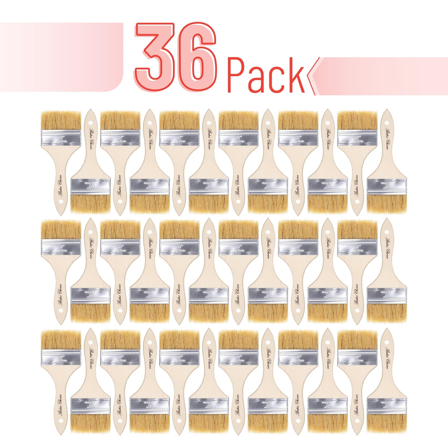 Bates- Chip Paint Brushes for Painting, 3 Inch, 36 Pack, Wood Handle, Natural Bristle Paint Brush