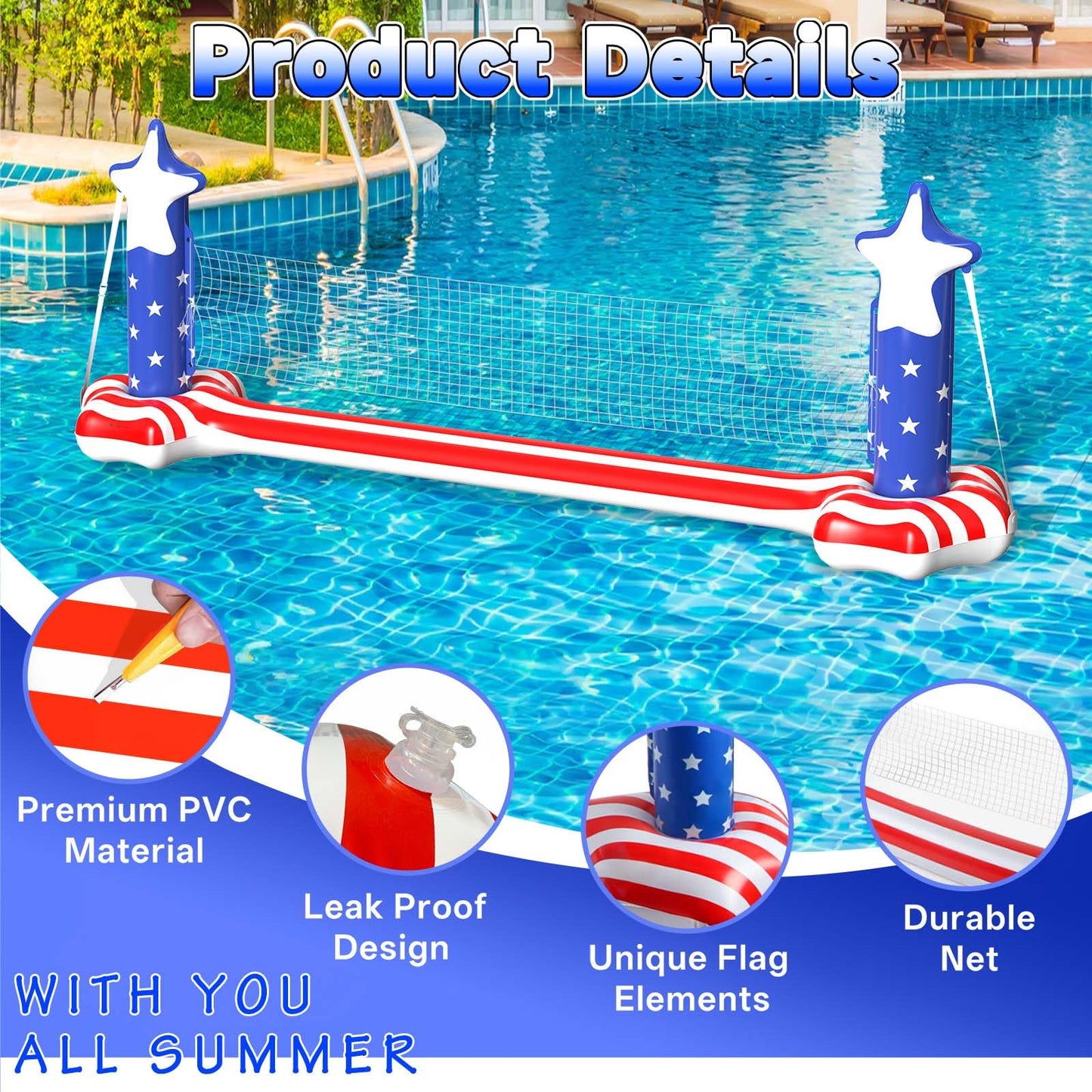 Gardentime Inflatable Volleyball Net and Basketball Hoops Pool Floating Toys Swimming Water Games for mature-themeds and Kids 8-12 Teens Volleyball Court (122 x25 x40 ) American Flag Summer Floaties