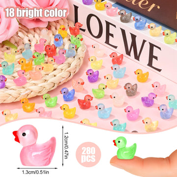 280Pcs 18 Colors Luminous Mini Resin Ducks Glow in The Dark Tiny Ducks Figures to Hide Bulk Plastic Duck Miniature for Dollhouse Micro Landscape Aquarium Potted Cake Decor DIY Craft Gifts Party Favors