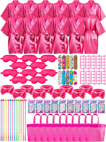 Xuhal 92 Pcs Spa Party Favors for Girls Slumber Party Supplies Kids Satin Robes Sleepover with Gift Bags for Girl Kids Birthday 