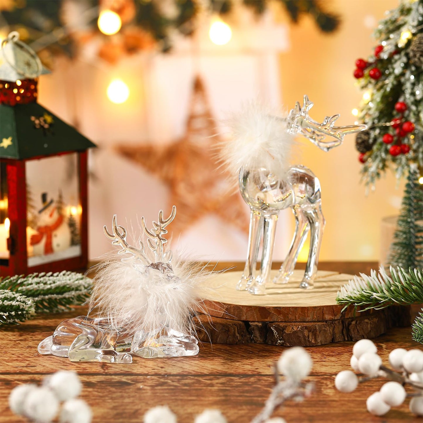 Queekay 2 Pcs Acrylic Christmas Reindeer Ornaments Clear Deer Figurine And Reindeer Table Top Decorations Holiday Table Centerpi