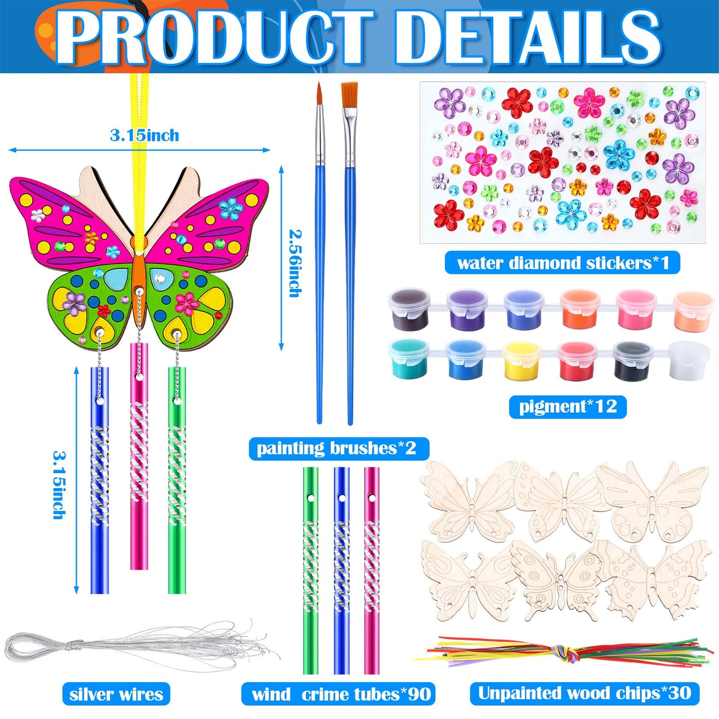 JellyArch 30 Pack Butterfly Wind Chime Making Kit for Kids Make Your Own Wind Chime Butterfly Wooden Crafts Ornaments for Girls