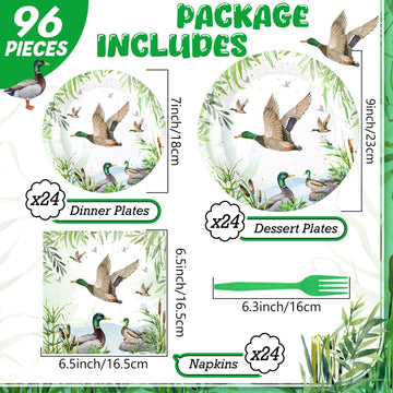 Sunnyray 96 Pcs Mallard Duck Party Decorations Supplies Duck Hunting Birthday Party Tableware Set Mallard Duck Baby Shower Plate