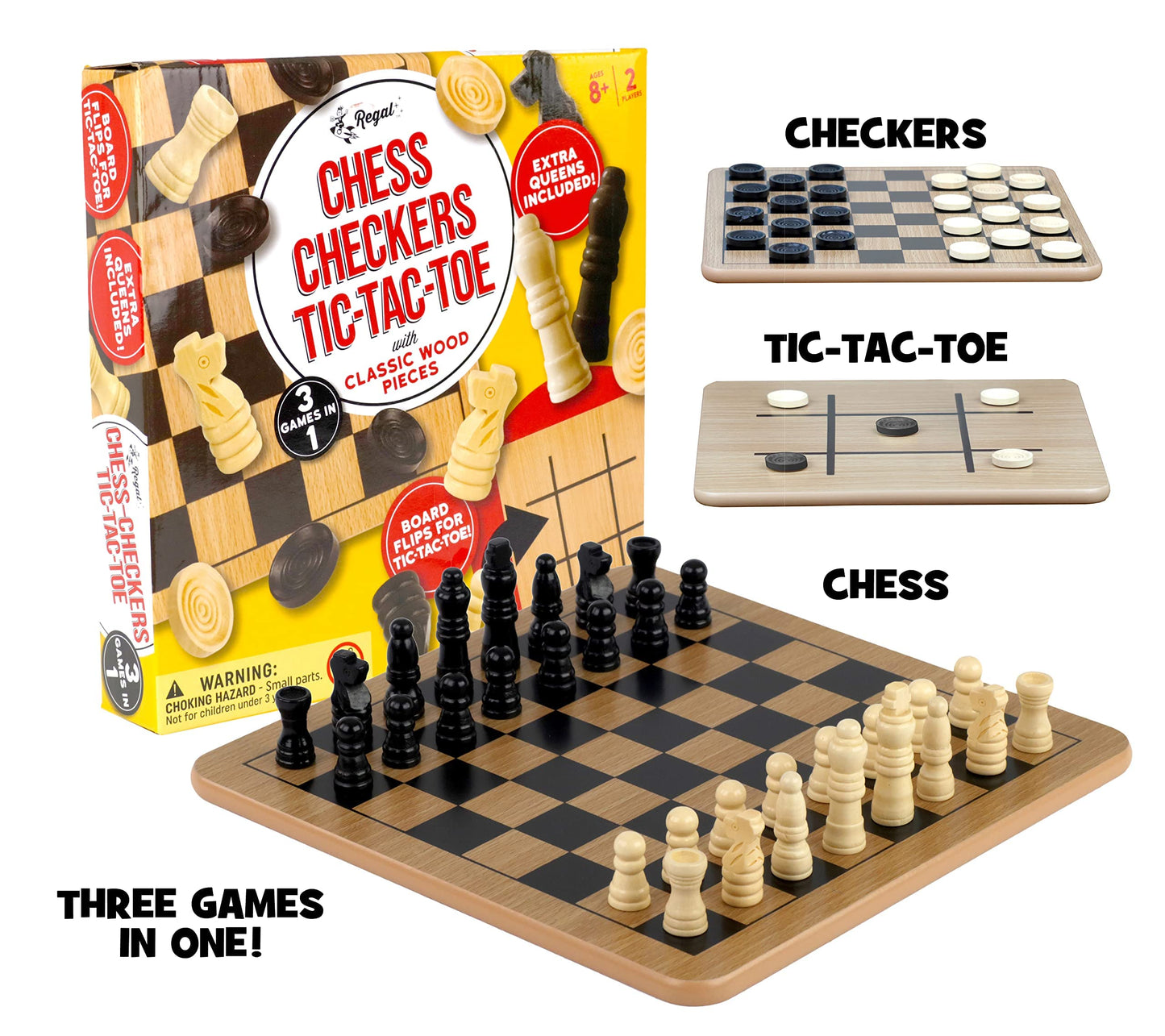 Regal Games Reversible Wooden Board for Chess, Checkers & Tic-Tac-Toe - Includes 24 Checkers & 32 Chess Pieces - 10.5 Inch Size