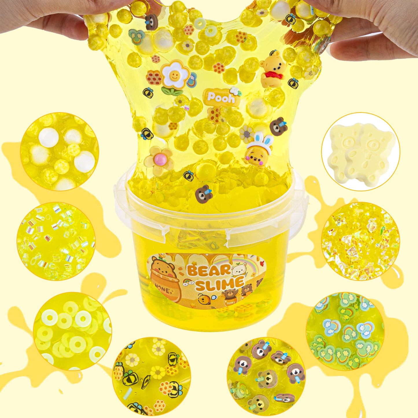 Lawoho Bear Clear Slime 300Ml, Yellow Clear Slime Kit For Girls Ages 8-12 With 9 Packs Slime Add-Ins, Slime For Kids Party Favors, Non Stick Slime Clay Toys Birthday Halloween Christmas Easter Gifts