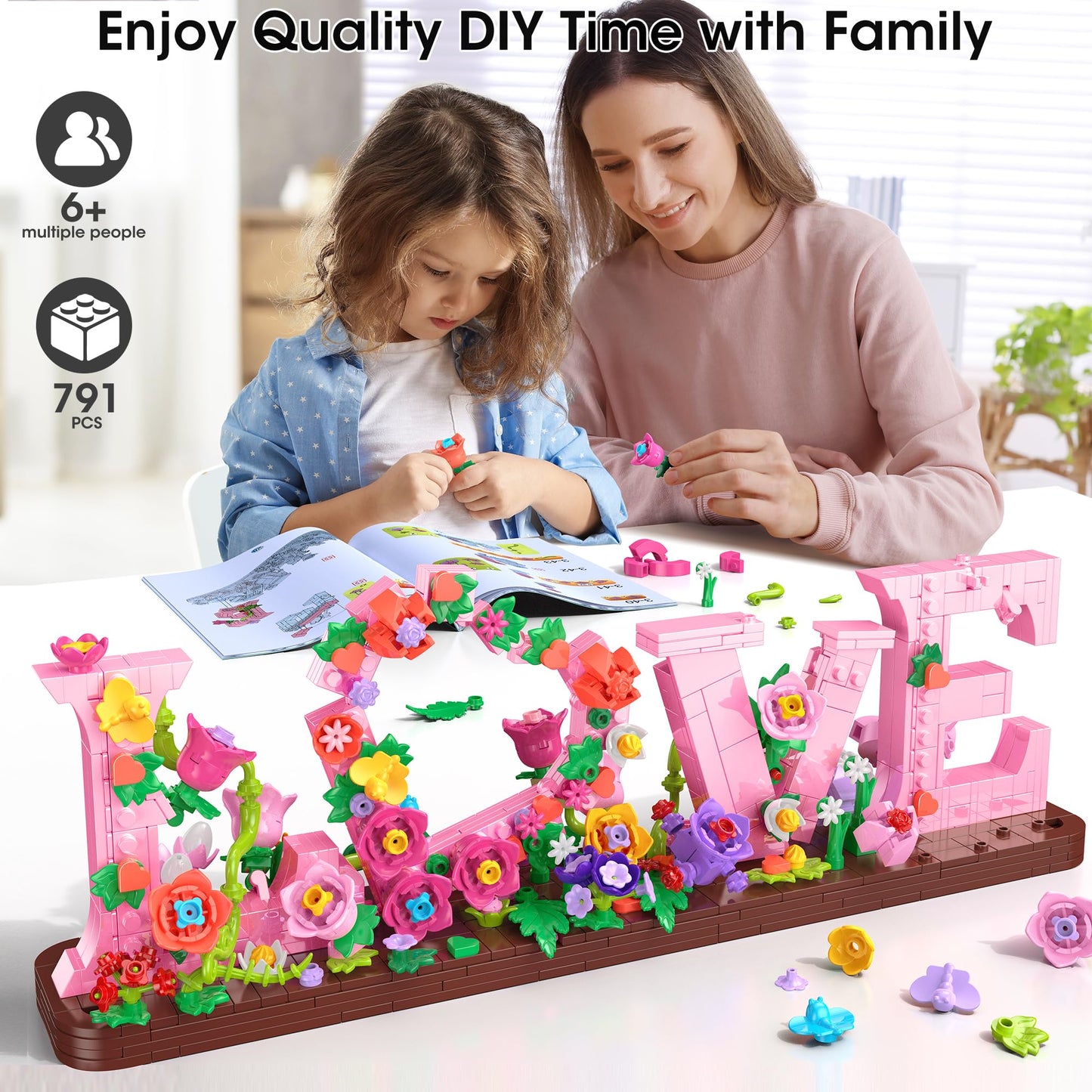 Booyuer Flower Building Set for Love, 791PCS DIY Romantic Floral Brick Kit, Graduation Gift, School Desk Decor, Room Decoration,