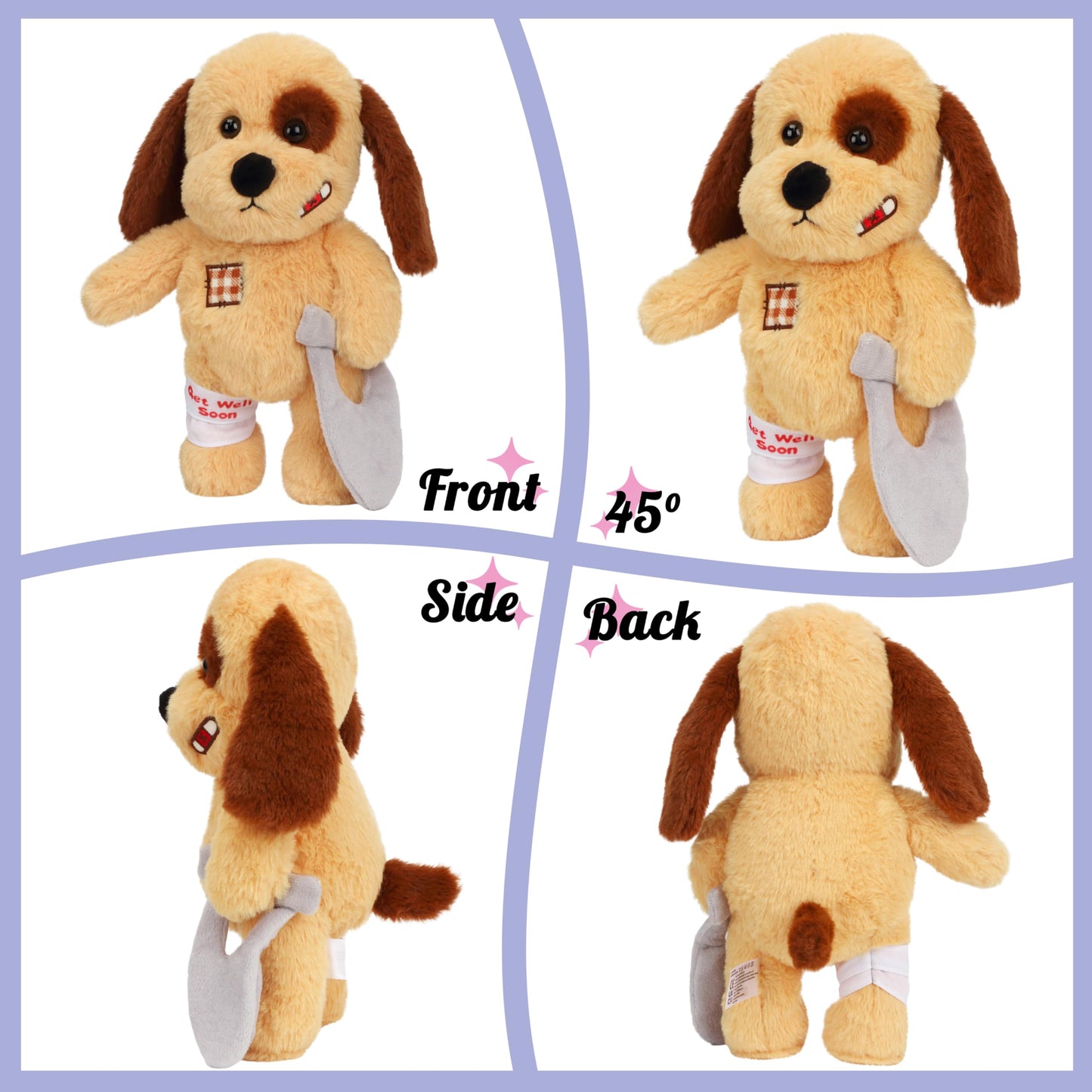 Hopearl Broken Leg Dog Toy, Soft Plush Puppy, 12" Comforting Companion, Brown, Model HONE0169